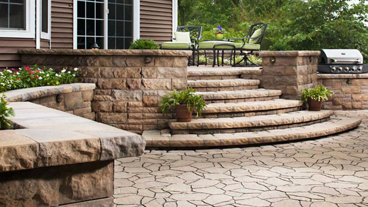 Paver Installations 2 Patterned paved surface beside curved steps, walls and an outdoor seating area