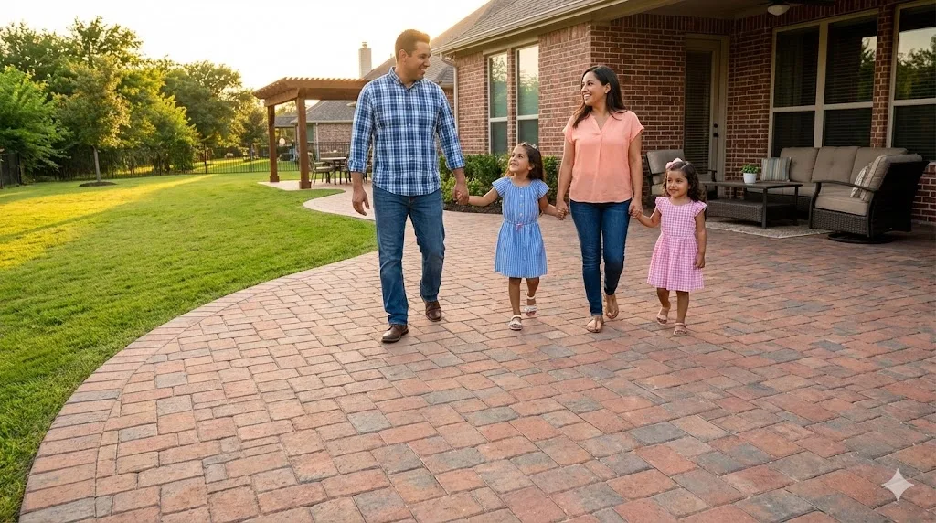 Family enjoying a custom paver patio outdoor living space in Dallas Fort Worth