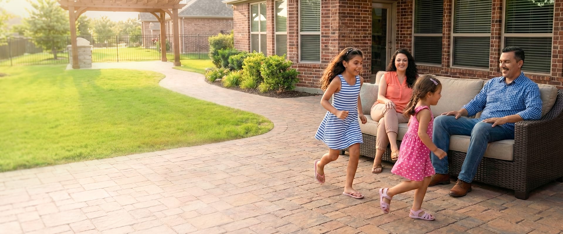 Paver patio installation with outdoor seating area and backyard walkway
