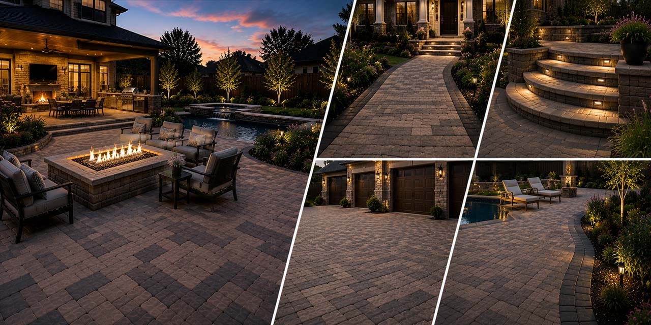 Paver patio installation with custom walkway pool deck and outdoor living hardscape