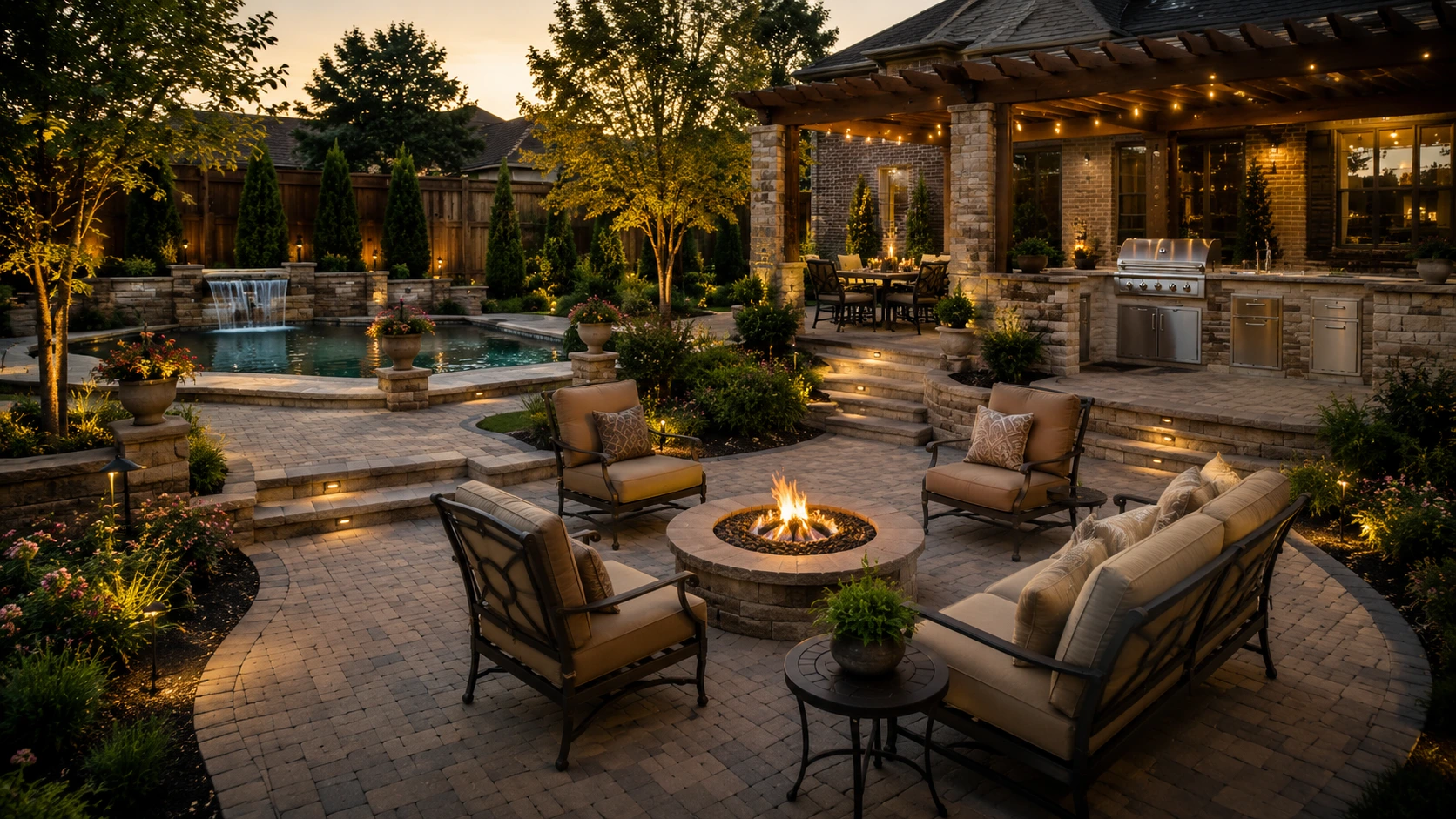 Paving Texas Construction 6 Complete backyard transformation with paver patio outdoor kitchen pergola fire pit pool area and landscape lighting in Dallas Fort Worth