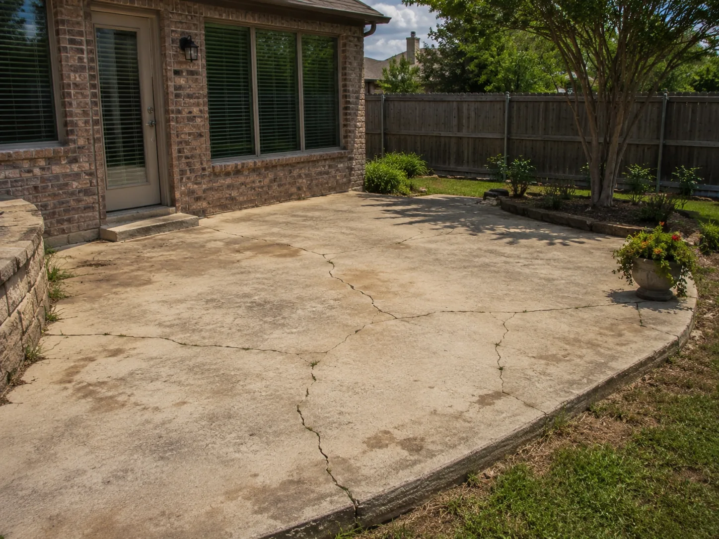 Paving Texas Construction 7 Old cracked concrete patio in residential backyard needing paver patio replacement