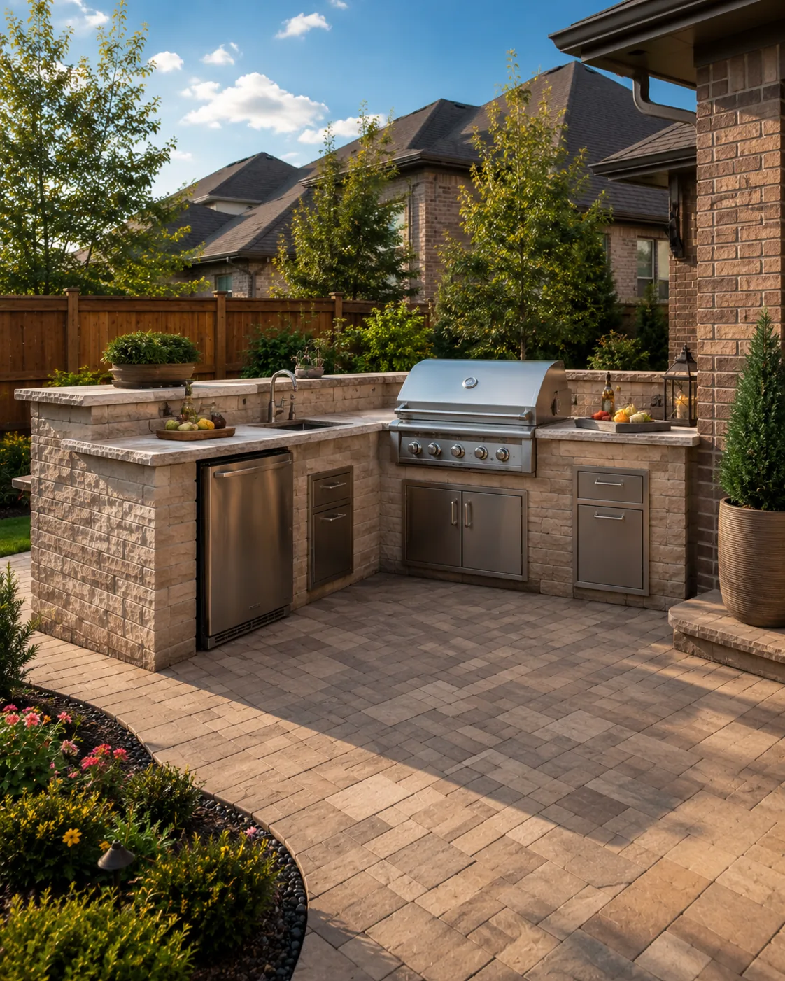 Paving Texas Construction 2 Luxury outdoor kitchen with stone counters grill and backyard entertaining space in Dallas Fort Worth