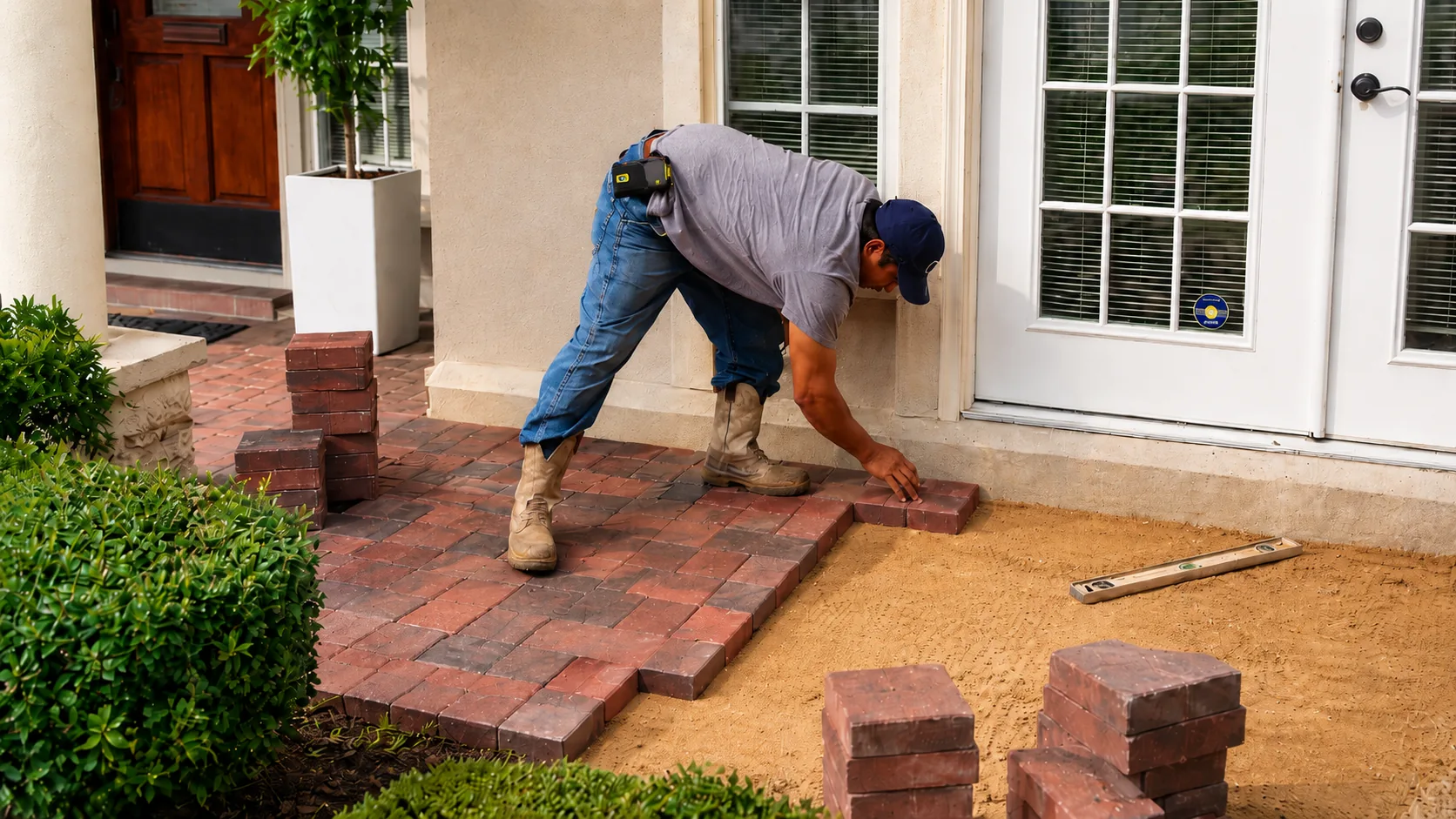 Paving Texas Construction 4 Worker installing a paver patio extension beside a home with compacted base material and brick pavers in Dallas Fort Worth
