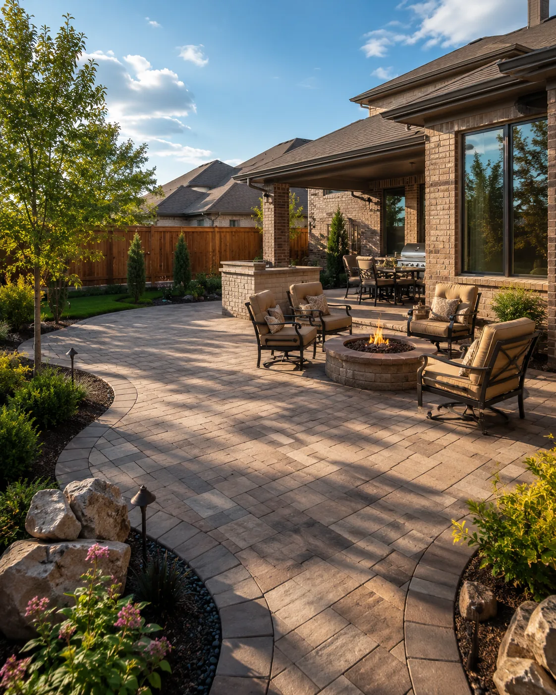 Paving Texas Construction 1 Custom paver patio with fire pit and outdoor seating area in Dallas Fort Worth