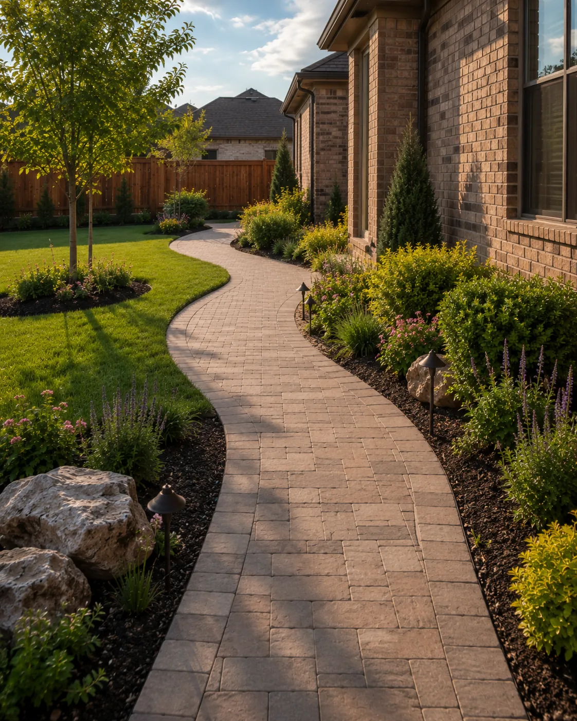 Custom Outdoor Living Services in Duncanville 9 Paver walkway with landscaping connecting backyard areas