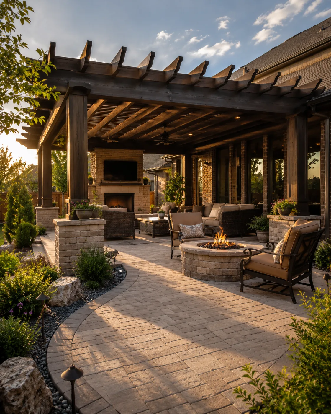 Paving Texas Construction 3 Pergola over paver patio with fire pit and outdoor living area in a North Texas backyard