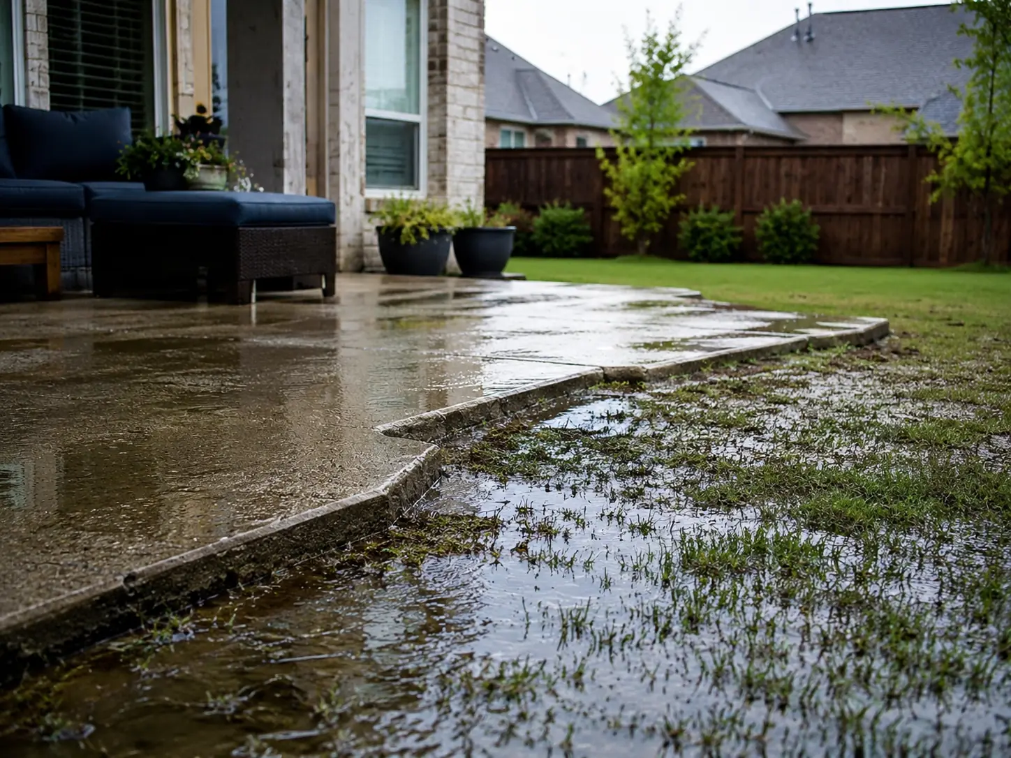 Paving Texas Construction 9 Backyard with uneven ground and drainage issues needing hardscape planning