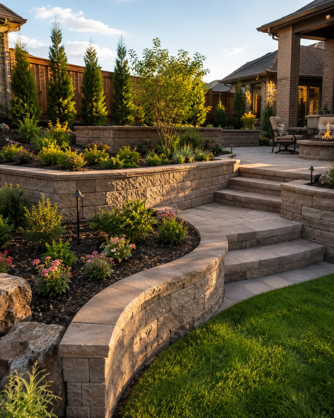 Paving Texas Construction 5 Retaining wall and backyard hardscape installation with steps landscaping and paver surfaces in Dallas Fort Worth